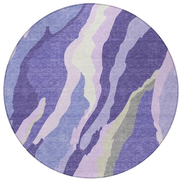 8' Purple Lavender And Ivory Round Abstract Washable Indoor Outdoor Area Rug