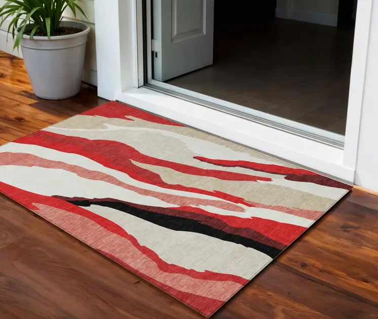 3' X 5' Red Black And Beige Abstract Washable Indoor Outdoor Area Rug