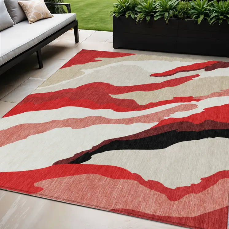 5' X 8' Red Black And Beige Abstract Washable Indoor Outdoor Area Rug