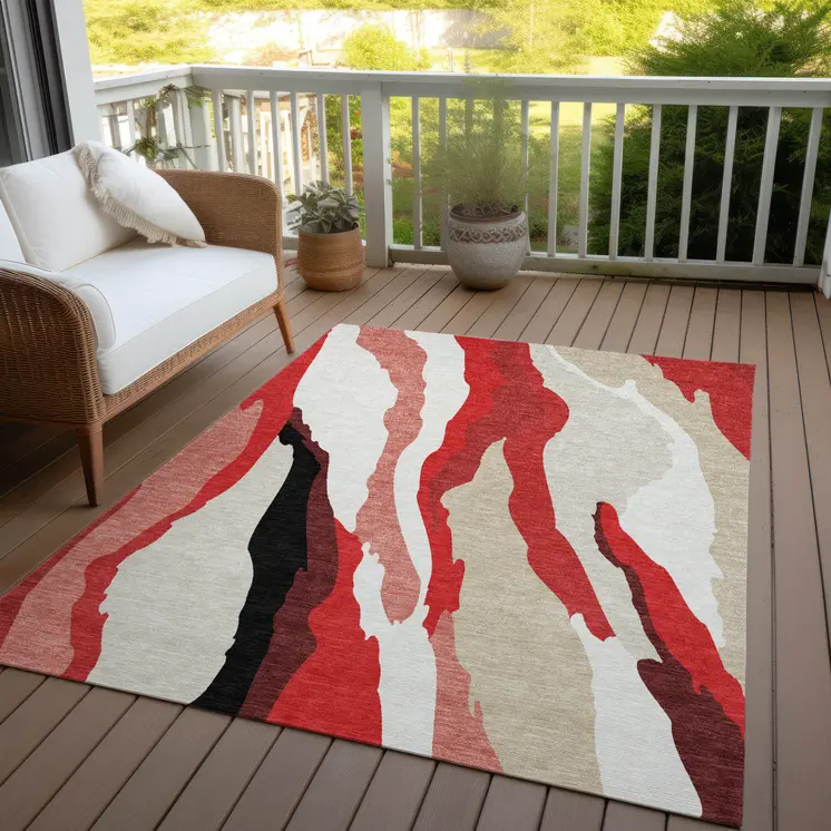 5' X 8' Red Black And Beige Abstract Washable Indoor Outdoor Area Rug