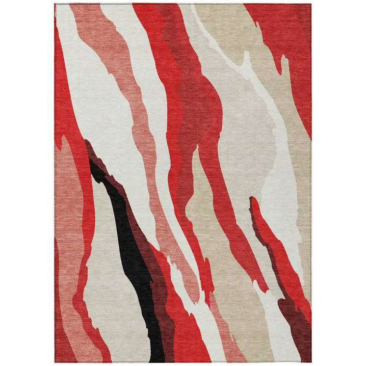 5' X 8' Red Black And Beige Abstract Washable Indoor Outdoor Area Rug