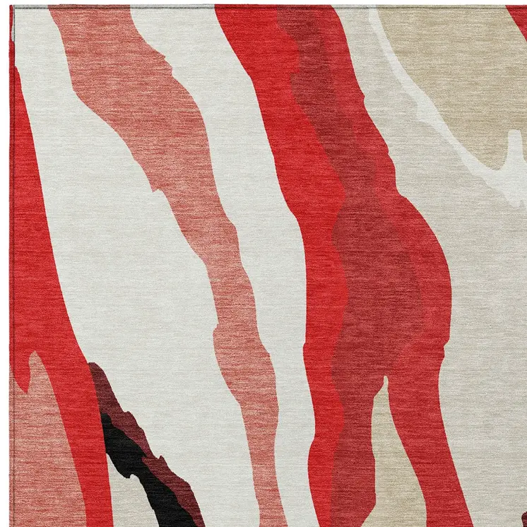 5' X 8' Red Black And Beige Abstract Washable Indoor Outdoor Area Rug