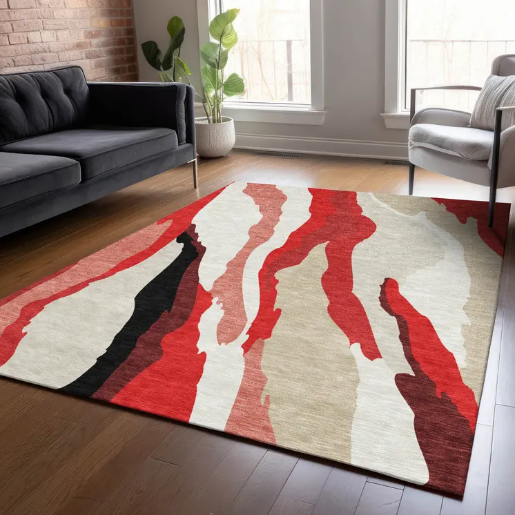 5' X 8' Red Black And Beige Abstract Washable Indoor Outdoor Area Rug