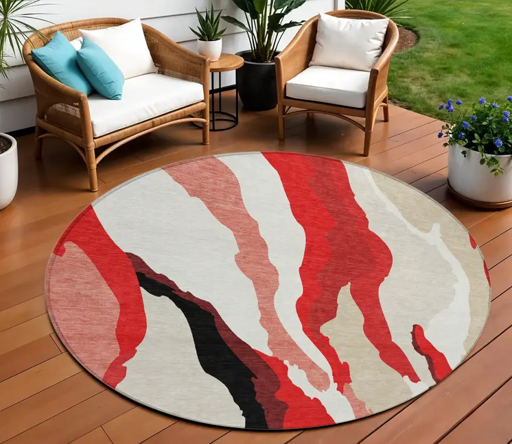 8' Red Black And Beige Round Abstract Washable Indoor Outdoor Area Rug