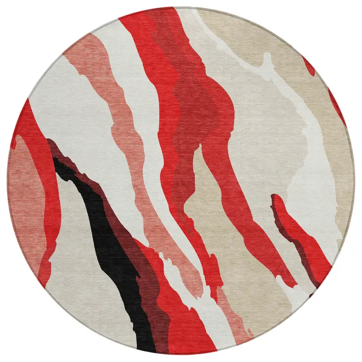 8' Red Black And Beige Round Abstract Washable Indoor Outdoor Area Rug
