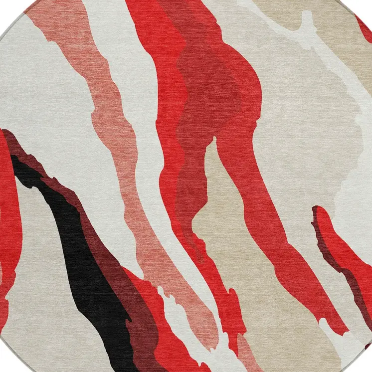 8' Red Black And Beige Round Abstract Washable Indoor Outdoor Area Rug