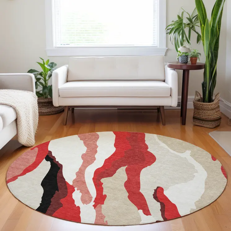8' Red Black And Beige Round Abstract Washable Indoor Outdoor Area Rug