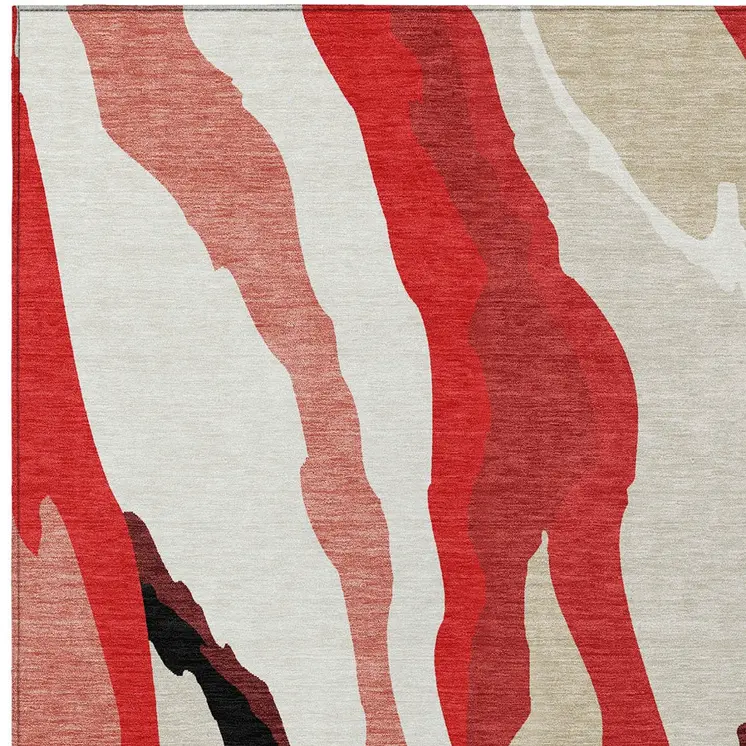 8' X 10' Red Black And Beige Abstract Washable Indoor Outdoor Area Rug