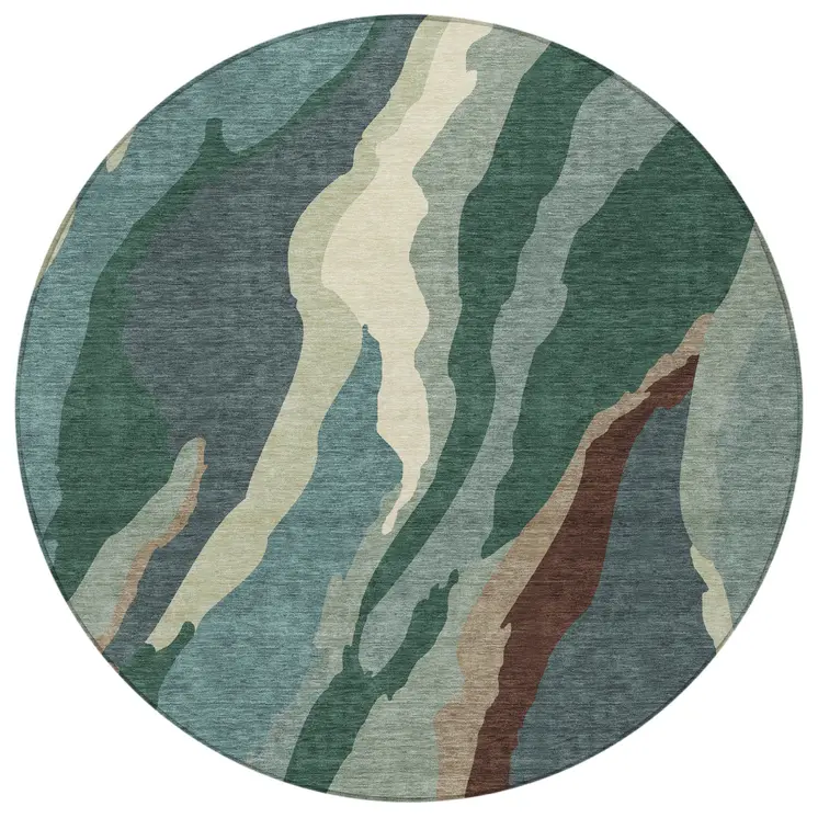 8' Sage Brown And Beige Round Abstract Washable Indoor Outdoor Area Rug