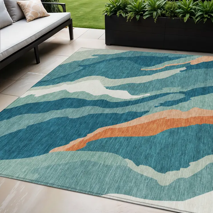 5' X 8' Teal Blue Copper And Ivory Abstract Washable Indoor Outdoor Area Rug