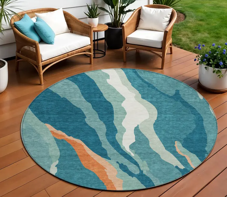 8' Teal Blue Copper And Ivory Round Abstract Washable Indoor Outdoor Area Rug