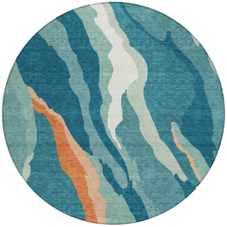 8' Teal Blue Copper And Ivory Round Abstract Washable Indoor Outdoor Area Rug