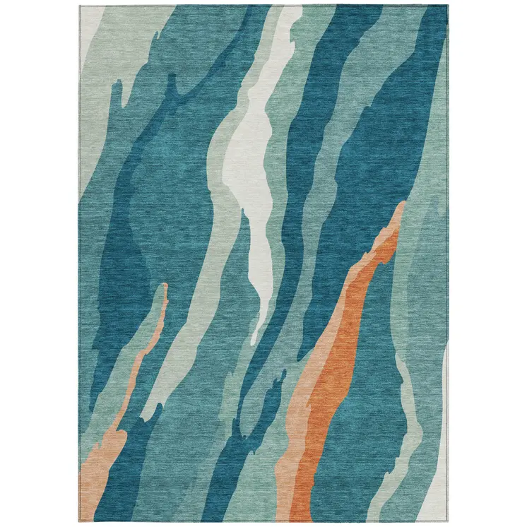 8' X 10' Teal Blue Copper And Ivory Abstract Washable Indoor Outdoor Area Rug
