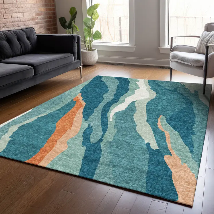 9' X 12' Teal Blue Copper And Ivory Abstract Washable Indoor Outdoor Area Rug