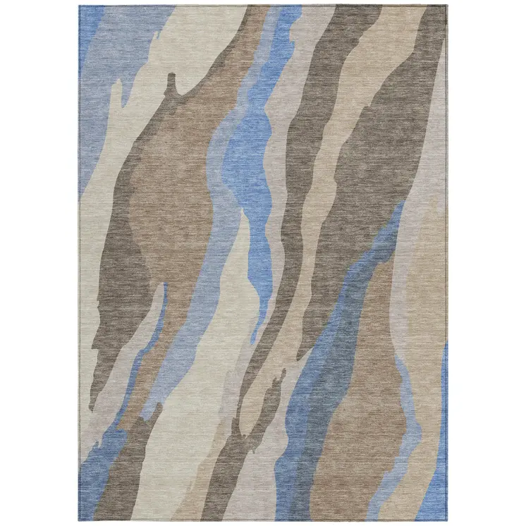 5' X 8' Taupe Tan And Blue Abstract Washable Indoor Outdoor Area Rug