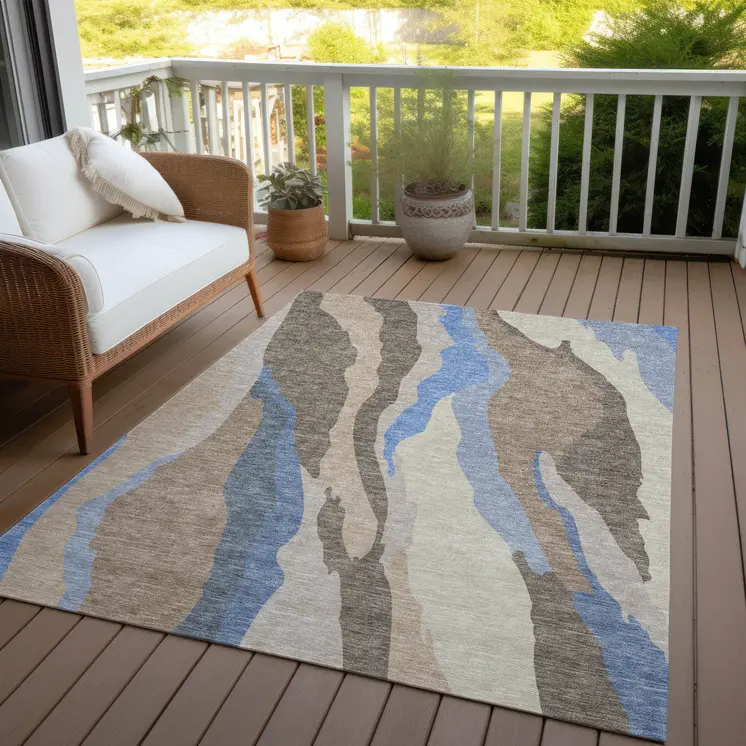9' X 12' Taupe Tan And Blue Abstract Washable Indoor Outdoor Area Rug