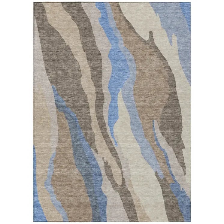 9' X 12' Taupe Tan And Blue Abstract Washable Indoor Outdoor Area Rug