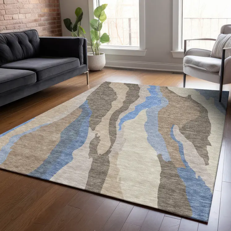 9' X 12' Taupe Tan And Blue Abstract Washable Indoor Outdoor Area Rug
