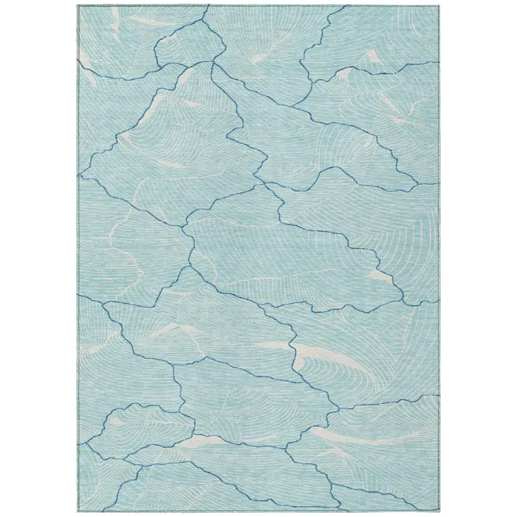 5' X 8' Aqua And Ivory Abstract Washable Indoor Outdoor Area Rug
