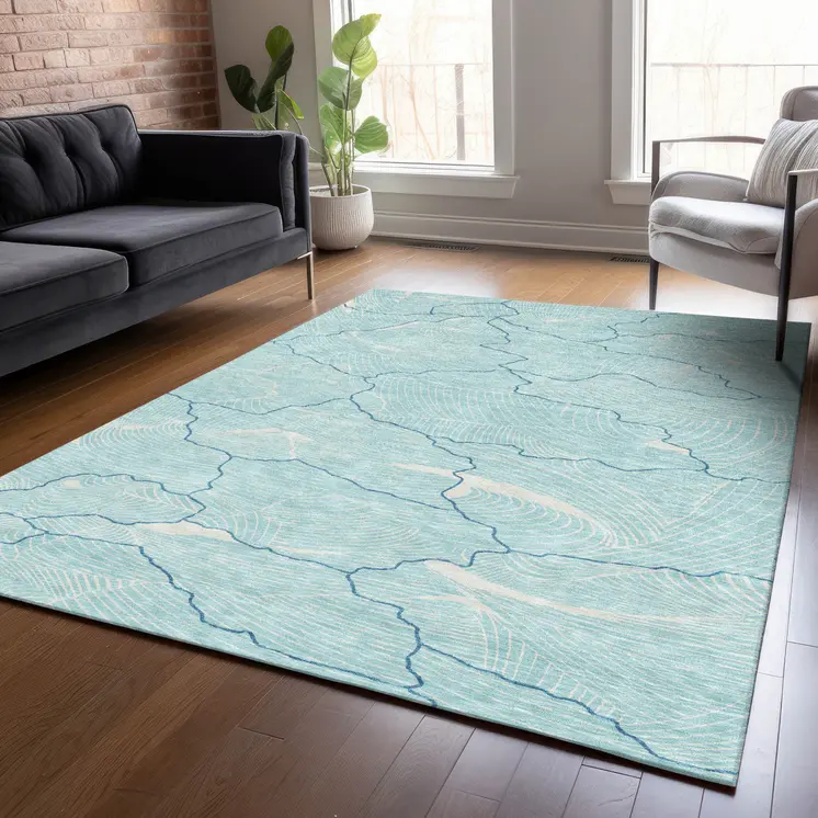 5' X 8' Aqua And Ivory Abstract Washable Indoor Outdoor Area Rug