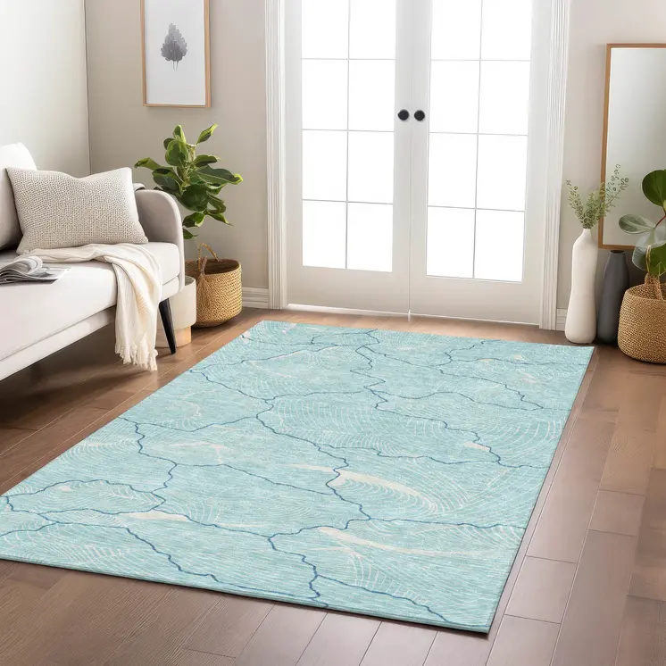 5' X 8' Aqua And Ivory Abstract Washable Indoor Outdoor Area Rug