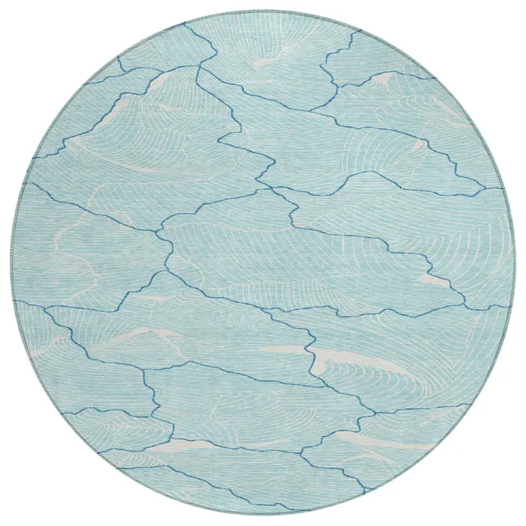 8' Aqua And Ivory Round Abstract Washable Indoor Outdoor Area Rug