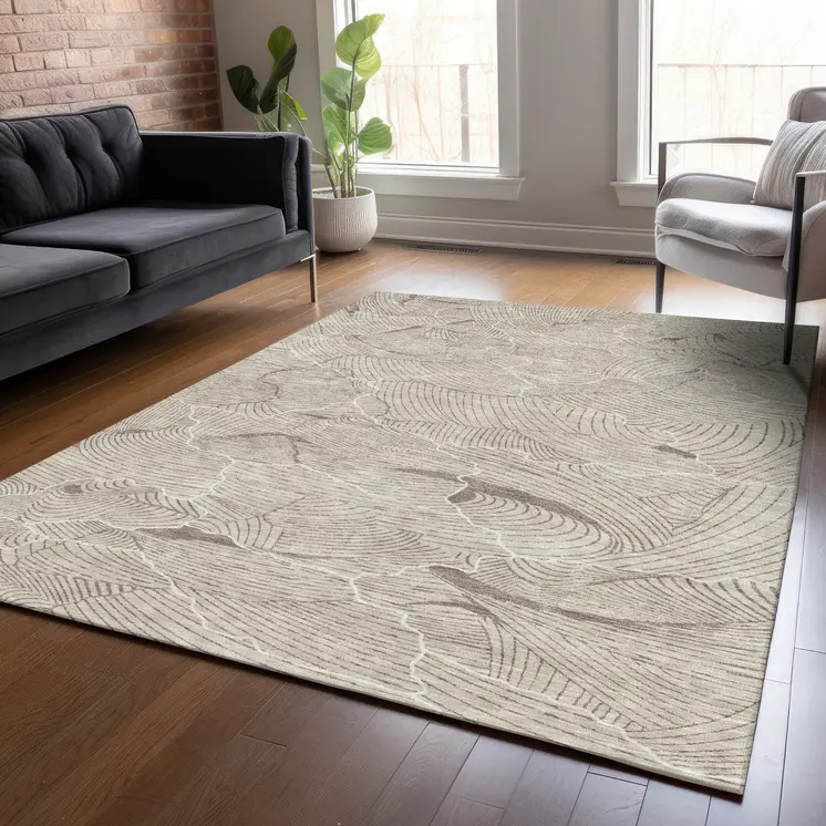 3' X 5' Beige And Tan Abstract Washable Indoor Outdoor Area Rug