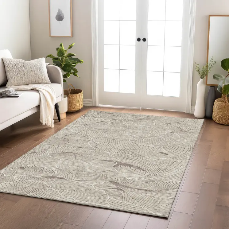 3' X 5' Beige And Tan Abstract Washable Indoor Outdoor Area Rug