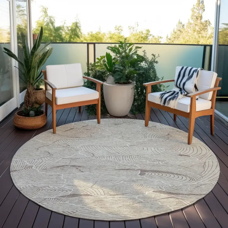 8' Beige And Tan Round Abstract Washable Indoor Outdoor Area Rug