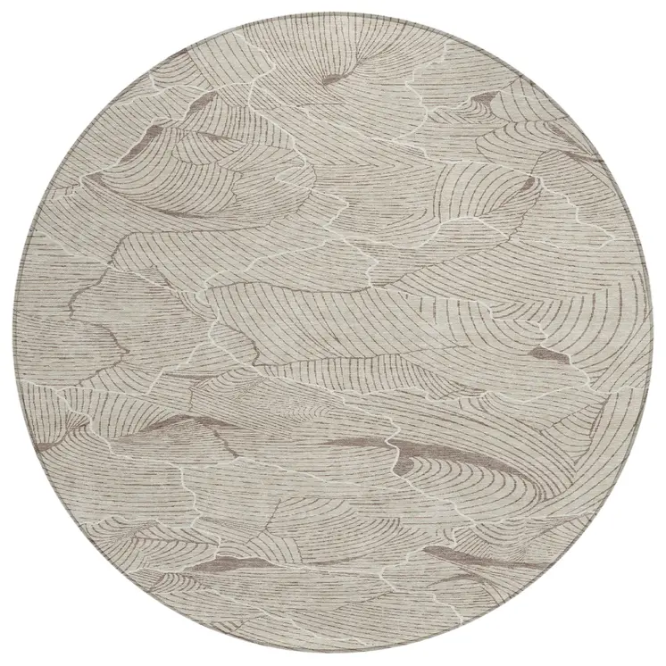 8' Beige And Tan Round Abstract Washable Indoor Outdoor Area Rug