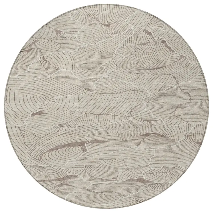 8' Beige And Tan Round Abstract Washable Indoor Outdoor Area Rug