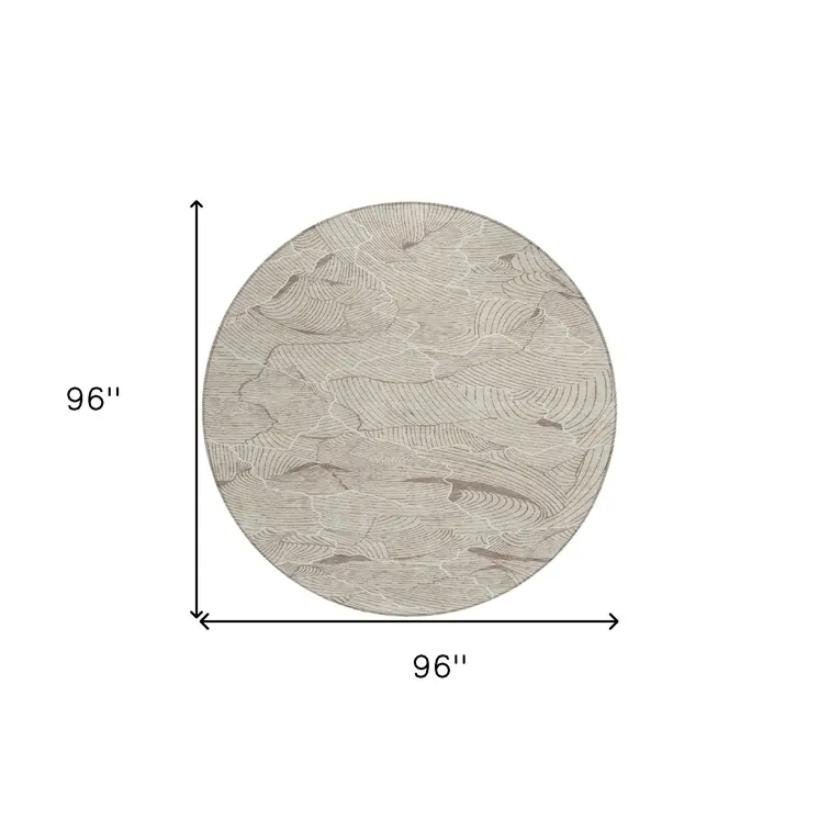 8' Beige And Tan Round Abstract Washable Indoor Outdoor Area Rug