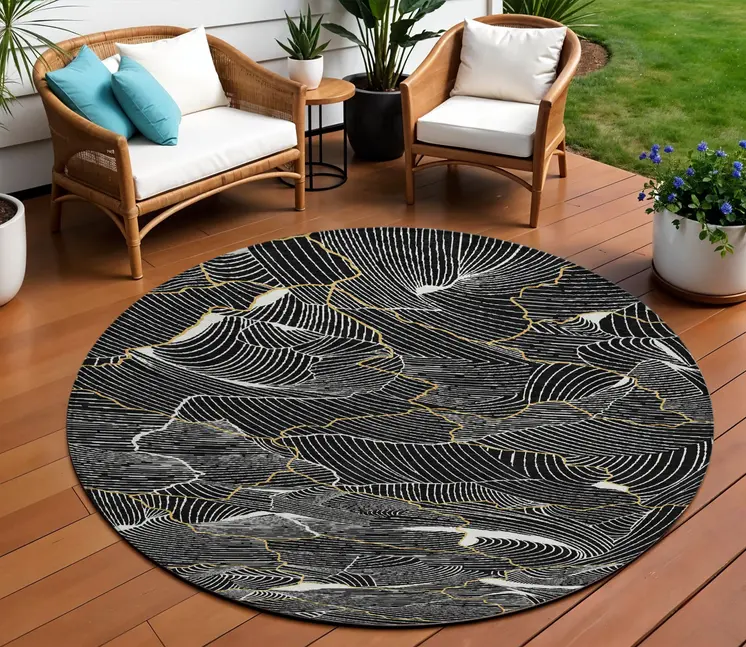 8' Black Ivory And Gold Round Abstract Washable Indoor Outdoor Area Rug
