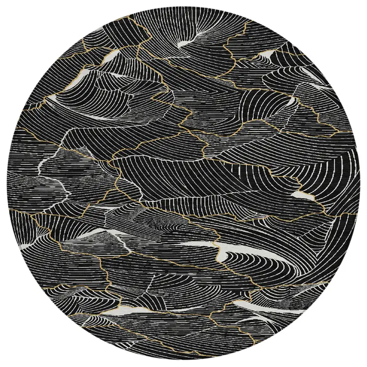 8' Black Ivory And Gold Round Abstract Washable Indoor Outdoor Area Rug