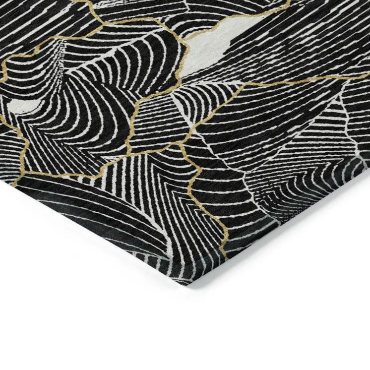 8' Black Ivory And Gold Round Abstract Washable Indoor Outdoor Area Rug