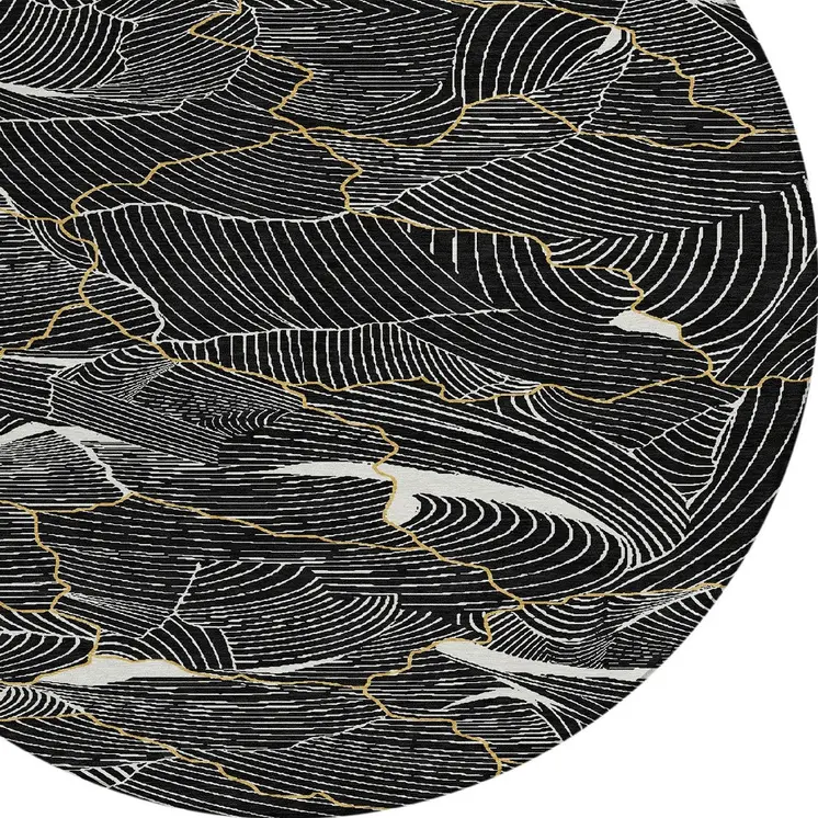 8' Black Ivory And Gold Round Abstract Washable Indoor Outdoor Area Rug