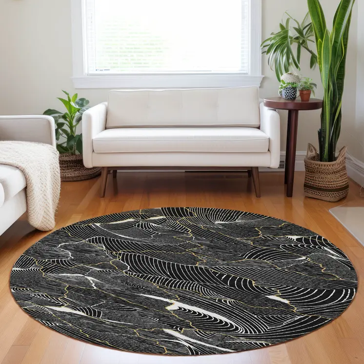 8' Black Ivory And Gold Round Abstract Washable Indoor Outdoor Area Rug