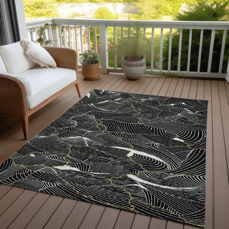 9' X 12' Black Ivory And Gold Abstract Washable Indoor Outdoor Area Rug