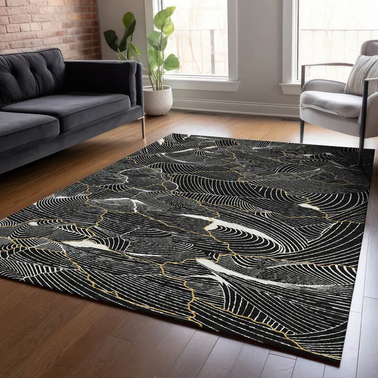 9' X 12' Black Ivory And Gold Abstract Washable Indoor Outdoor Area Rug