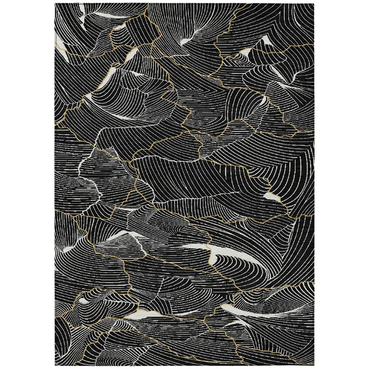 10' X 14' Black Ivory And Gold Abstract Washable Indoor Outdoor Area Rug