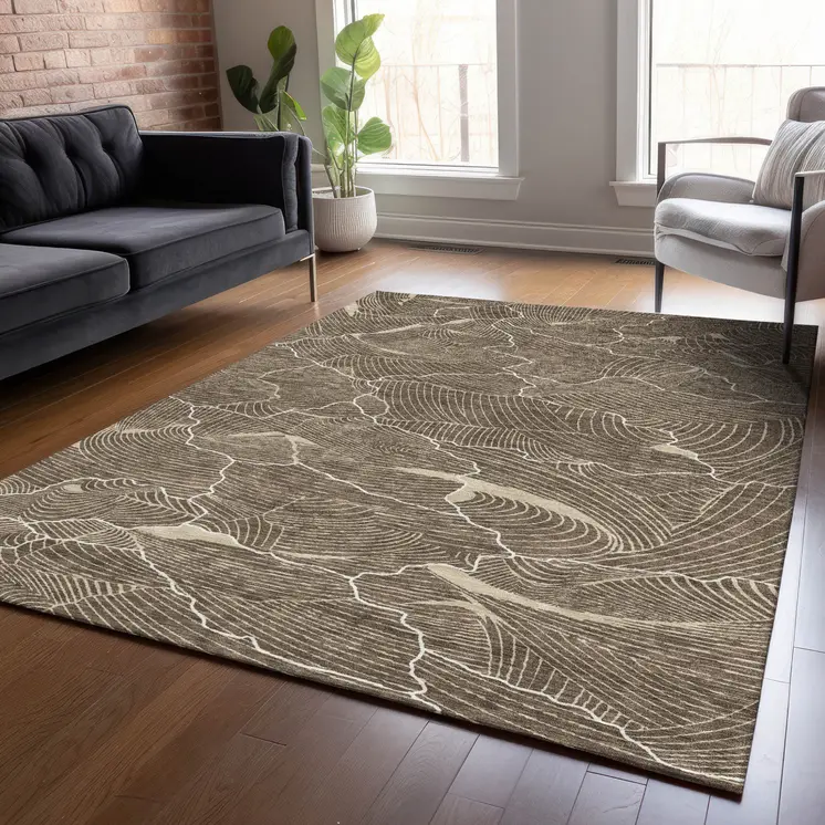 3' X 5' Brown And Ivory Abstract Washable Indoor Outdoor Area Rug