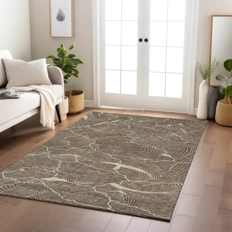 3' X 5' Brown And Ivory Abstract Washable Indoor Outdoor Area Rug