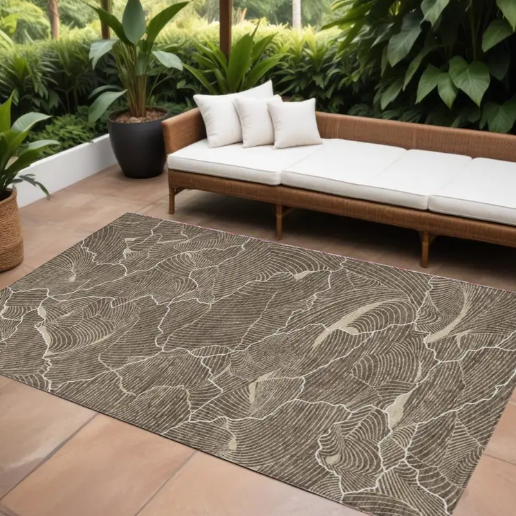 8' X 10' Brown And Ivory Abstract Washable Indoor Outdoor Area Rug