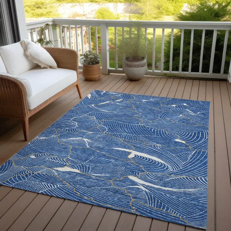 5' X 8' Blue Ivory And Gold Abstract Washable Indoor Outdoor Area Rug