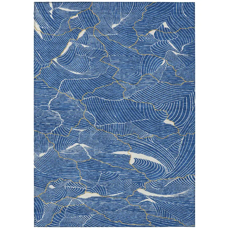 5' X 8' Blue Ivory And Gold Abstract Washable Indoor Outdoor Area Rug