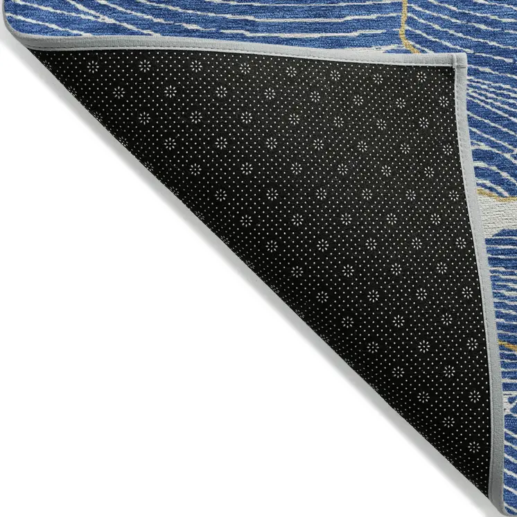 8' Blue Ivory And Gold Round Abstract Washable Indoor Outdoor Area Rug