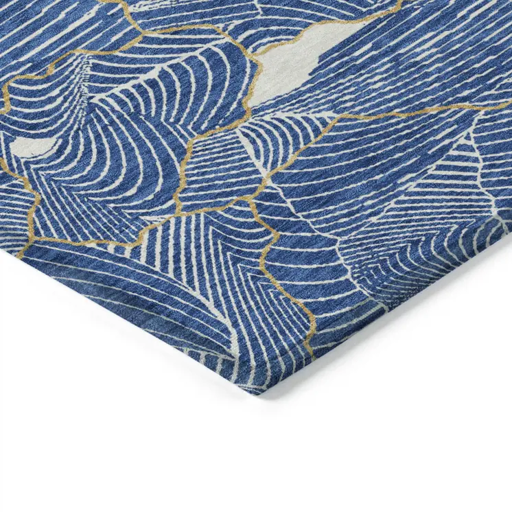 8' Blue Ivory And Gold Round Abstract Washable Indoor Outdoor Area Rug