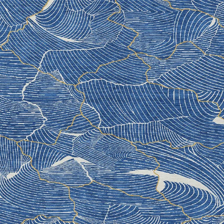 8' X 10' Blue Ivory And Gold Abstract Washable Indoor Outdoor Area Rug