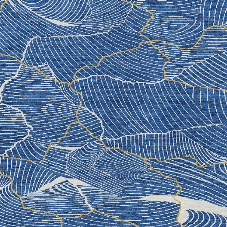 9' X 12' Blue Ivory And Gold Abstract Washable Indoor Outdoor Area Rug