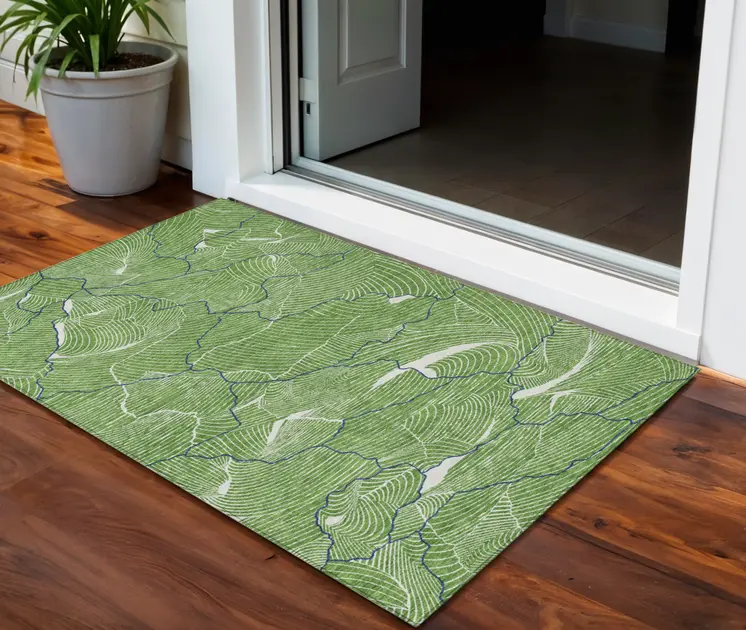 3' X 5' Green Blue And Ivory Abstract Washable Indoor Outdoor Area Rug
